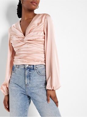 Blush Pink Satin Twist-Front Long-Sleeve Top